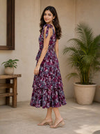 Burgundy Floral Printed One-Shoulder Midi Dress with Tie Detail