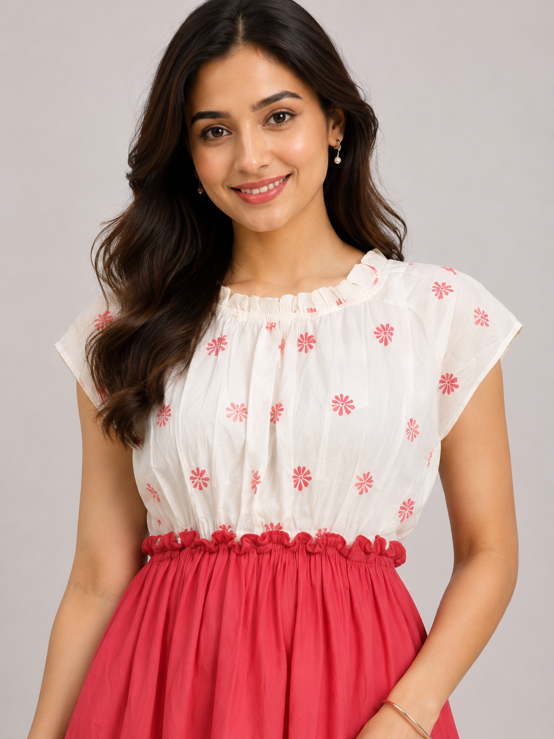 White & Pink Floral Printed Tiered Midi Dress