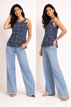 Navy Blue Floral Printed Tie-Shoulder Top
