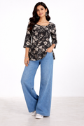 Black Floral Printed Round-Neck Top