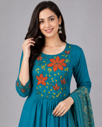 Teal Blue Floral Embroidered Kurta Set with Dupatta