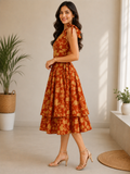 Rust Orange Floral Printed Tie-Shoulder Tiered Midi Dress