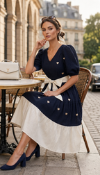 Navy Blue Heart Print Fit & Flare Midi Dress with Bow Belt