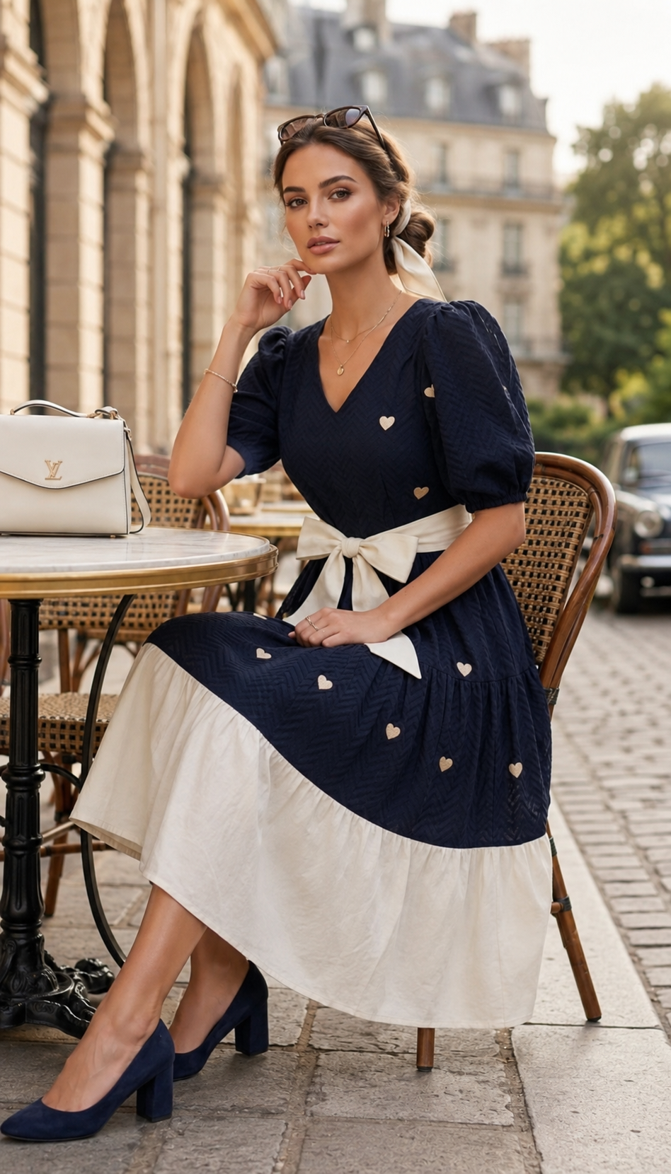Navy Blue Heart Print Fit & Flare Midi Dress with Bow Belt