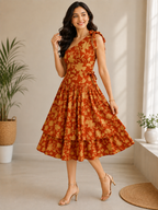 Rust Orange Floral Printed Tie-Shoulder Tiered Midi Dress