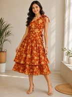 Rust Orange Floral Printed Tie-Shoulder Tiered Midi Dress