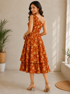 Rust Orange Floral Printed Tie-Shoulder Tiered Midi Dress