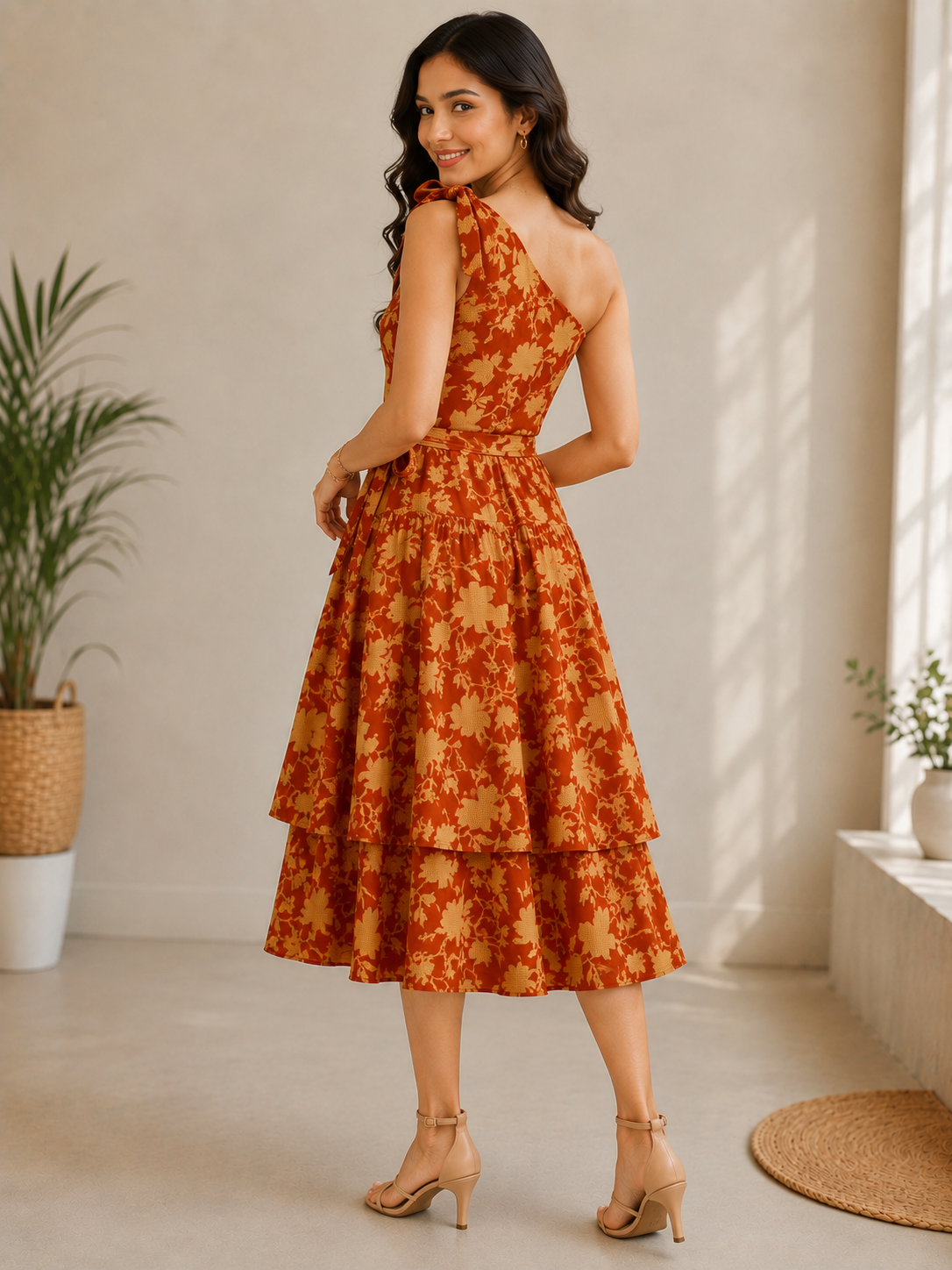 Rust Orange Floral Printed Tie-Shoulder Tiered Midi Dress