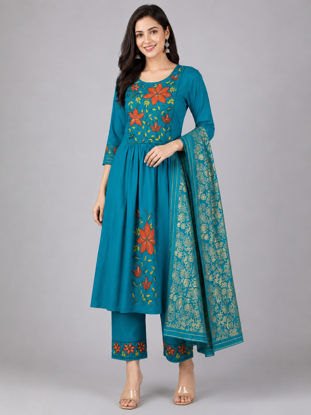 Teal Blue Floral Embroidered Kurta Set with Dupatta